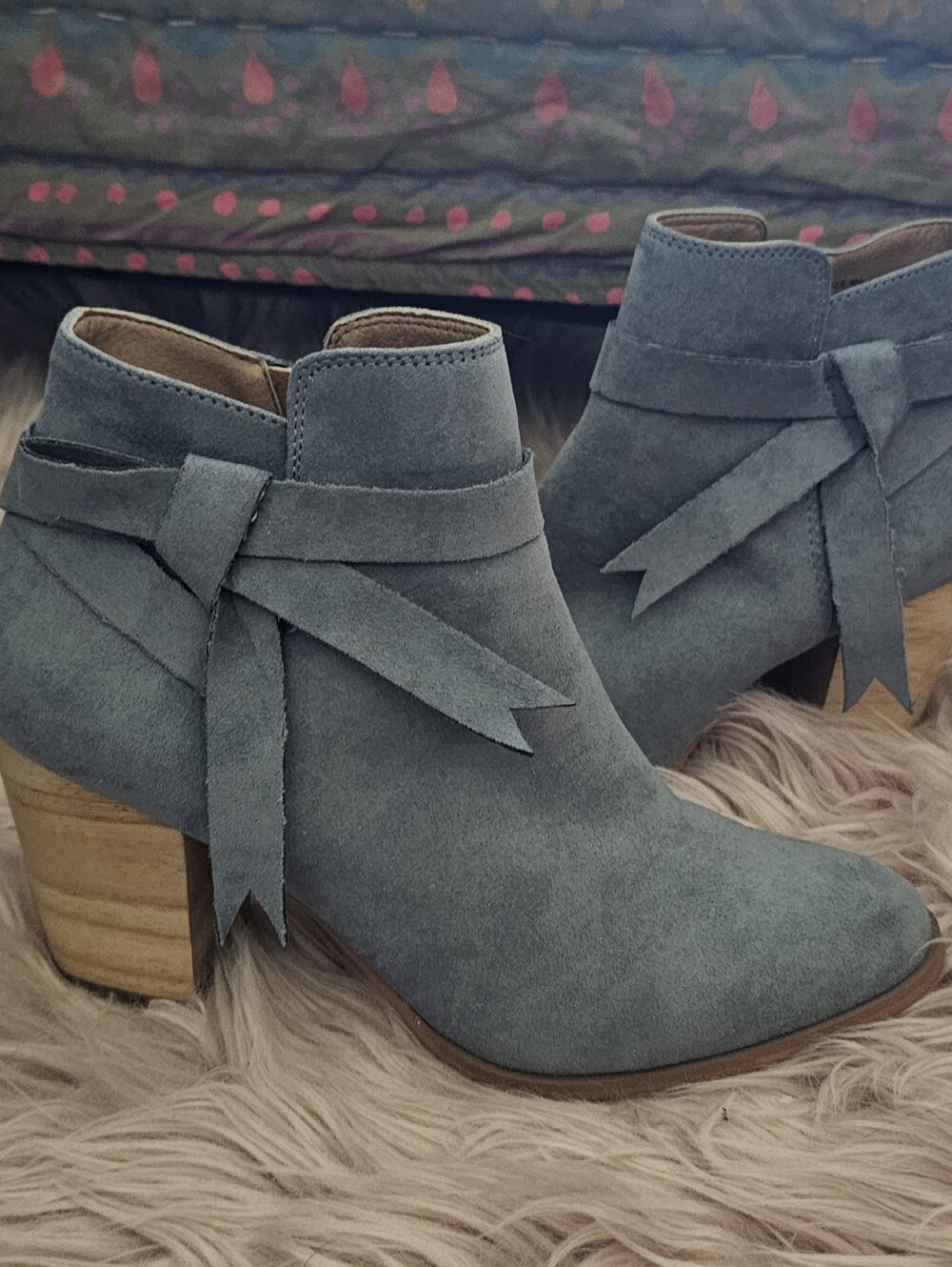 FREE PEOPLE Women's Suede Ankle Booties in Slate Blue - Classic Bow Accent